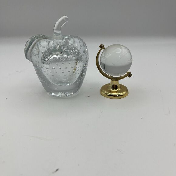 Bundle Hand Blown Clear Art Glass Apple Paperweight W/Bubbles&Etched Glass Globe - Picture 3 of 13